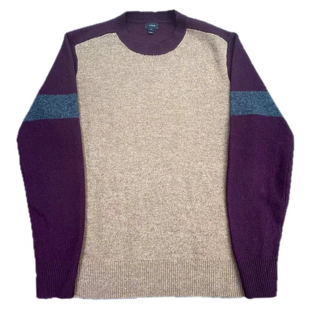 J. Crew Sweater Mens M Tan Maroon Colorblock Lambswool Crewneck Knit